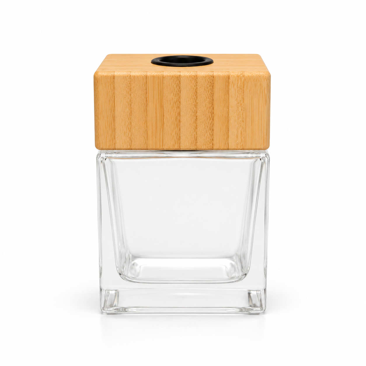 DIFUSOR CUADRADO VIDRIO TRANSPARENTE X 200 CC C/TAPA Y CUELLO DE BAMBOO
