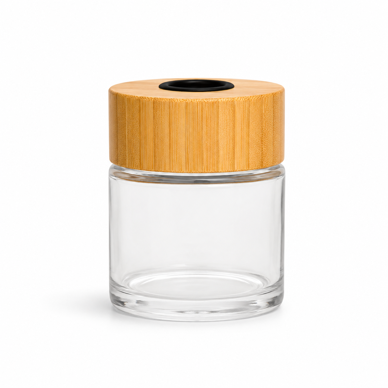 DIFUSOR REDONDO VIDRIO TRANSPARENTE X 150 CC C/TAPA Y CUELLO DE BAMBOO